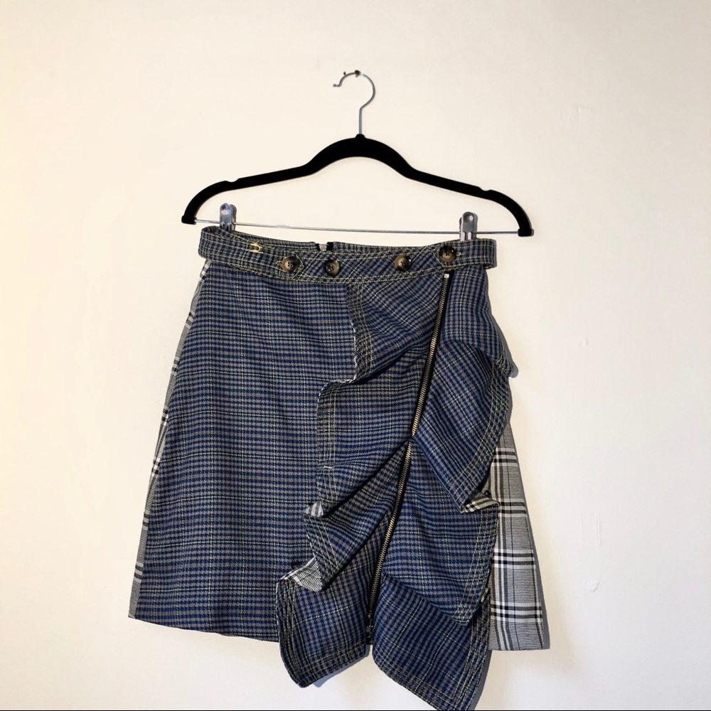 Asymmetrical plaid and houndstooth skirt